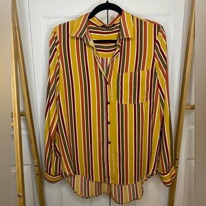 Velvet Heart Sheer Button Down Stripe Shirt, Mustard Yellow, Green, Red, M